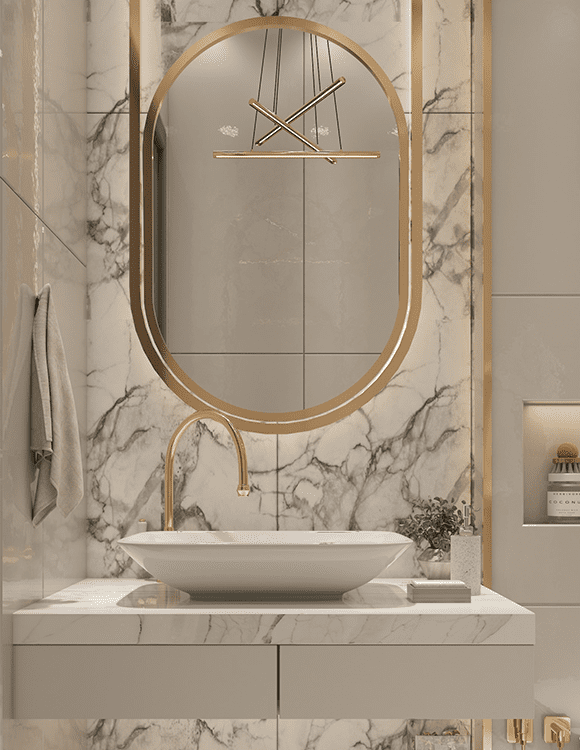 Gold bathroom with marble tiling - HM Precise Tiling